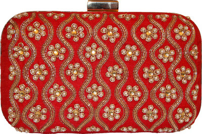 Ruhmet Red Floral Wave Pearl Women Party, Wedding, Festive Red Raw Silk Clutch Ruhmet Red Floral Wave Pearl Women Party, Wedding, Festive Red Raw Silk Clutch