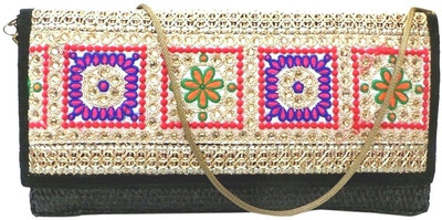 33% OFF on Bhamini Jute with Traditional Embroidered Lace on Flap Women Party Gold Jute Clutch