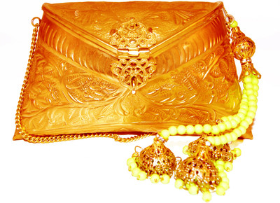 10% OFF on Ruhmet Embossed Gold with Lime Green Beaded Tassel Women Casual, Party, Wedding Gold Metal Clutch