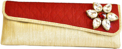 Women Trendz Traditional With Stone Broach Women Party Gold, Red Silk Clutch Women Trendz Traditional With Stone Broach Women Party Gold, Red Silk Clutch