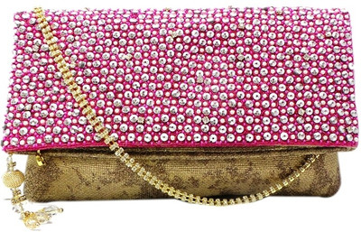 Bhamini Metallic Gold Fabric with Stylish Jhumki Women Party Pink Jute Clutch
