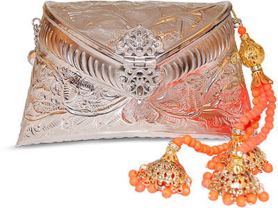 10% OFF on Ruhmet Embossed Silver with Neon Orange Beaded Tassel Women Casual, Party, Wedding Silver Metal Clutch