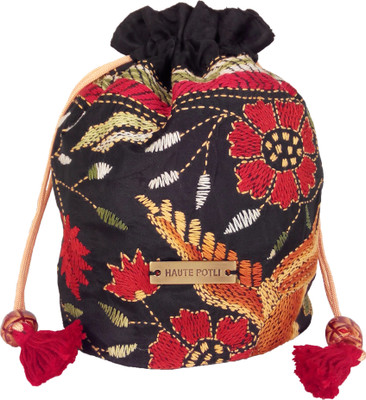 Haute Potli Kantha Stitch Potli bag Women Festive, Wedding Black, Red Fabric Clutch Haute Potli Kantha Stitch Potli bag Women Festive, Wedding Black, Red Fabric Clutch