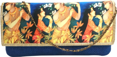 Bhamini Jute with Digital Print on Flap with Gold Brocade Border Women Party Blue Jute Clutch