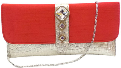 Bhamini Mosaic Pattern with 3 Stone Brooch Women Party Red Synthetic Leather Clutch