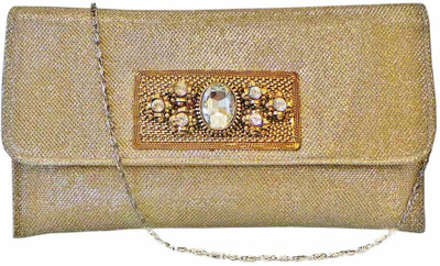 Bhamini Shimmer With Diamond Rock Brooch Women Party Gold Fabric Clutch Bhamini Shimmer With Diamond Rock Brooch Women Party Gold Fabric Clutch