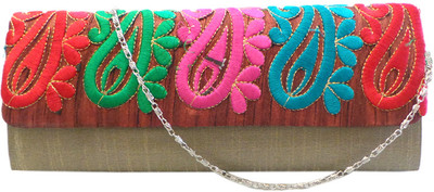 Bhamini Raw Silk with Multicolour Embroidered Paisleys Women Party Gold Silk Clutch Bhamini Raw Silk with Multicolour Embroidered Paisleys Women Party Gold Silk Clutch