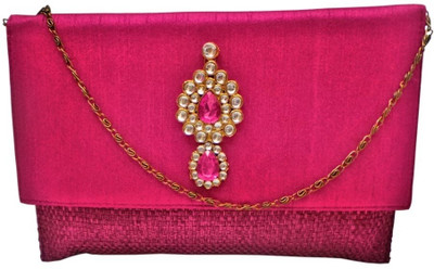 Bhamini Jute Kundan Women Casual Pink Jute Clutch