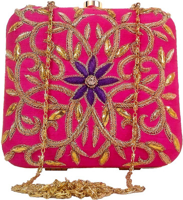 Ruhmet Floral Connect Bag Pink Women Party, Wedding, Festive Pink Raw Silk Clutch Ruhmet Floral Connect Bag Pink Women Party, Wedding, Festive Pink Raw Silk Clutch