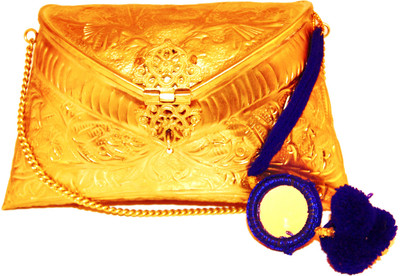 10% OFF on Ruhmet Embossed Gold with Blue Mirror Detail Tassels Women Casual, Party, Wedding Gold Metal Clutch