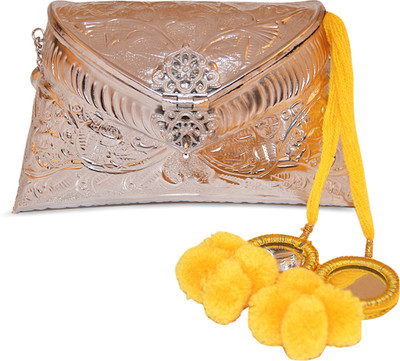 10% OFF on Ruhmet Embossed Silver with Yellow Mirror Detail Tassel Women Casual, Party, Wedding Silver Metal Clutch