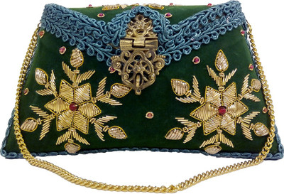 Ruhmet Floral Embroidered Bag Green Women Party, Wedding, Festive Green Brass & Velvet Clutch