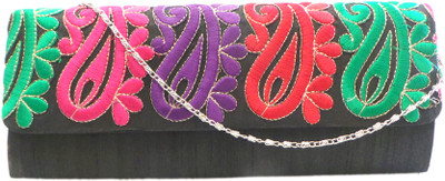 Bhamini Raw Silk with Multicolour Embroidered Paisleys Women Party Black Silk Clutch Bhamini Raw Silk with Multicolour Embroidered Paisleys Women Party Black Silk Clutch