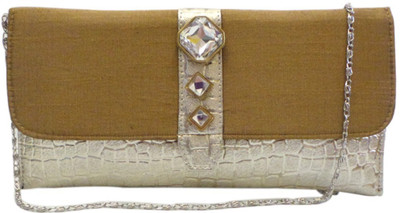 Bhamini Mosaic Pattern with 3 Stone Brooch Women Party Gold Synthetic Leather Clutch