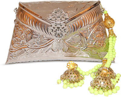 10% OFF on Ruhmet Embossed Silver with Lime Green Beaded Tassel Women Casual, Party, Wedding Silver Metal Clutch