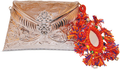 10% OFF on Ruhmet Embossed Silver with Red Mirror Work Tassel Women Casual, Party, Wedding Silver Metal Clutch