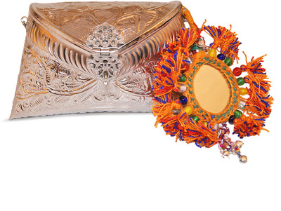 10% OFF on Ruhmet Embossed Silver with Orange Mirror Work Tassel Women Casual, Party, Wedding Silver Metal Clutch
