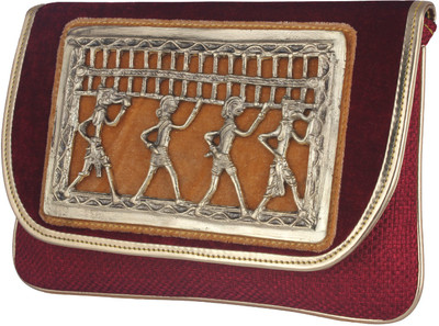 20% OFF on Mela Bastar Motif Jute Finish Women Festive, Party, Wedding Maroon Velvet, Straw fabric Clutch