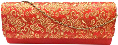 Bhamini Zari Work on Flap Women Party Red Silk Clutch