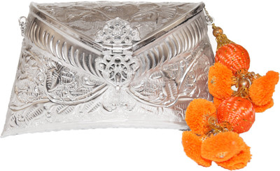 10% OFF on Ruhmet Embossed Silver with Drops Of Orange Tassel Women Casual, Party, Wedding Silver Metal Clutch