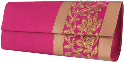 Mela Golden Embroidered Women Festive, Party, Wedding Pink Polyester Clutch Mela Golden Embroidered Women Festive, Party, Wedding Pink Polyester Clutch