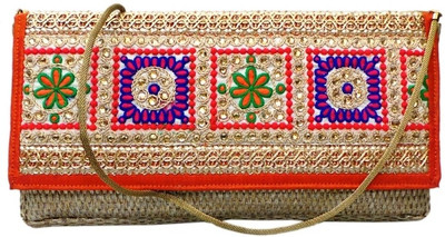 Bhamini Jute with Traditional Embroidered Lace on Flap Women Party Gold Jute Clutch