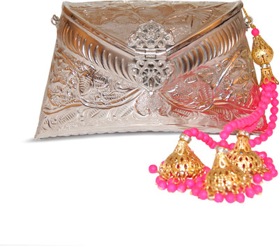 10% OFF on Ruhmet Embossed Silver with Neon Pink Beaded Tassel Women Casual, Party, Wedding Silver Metal Clutch