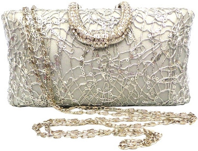 Bhamini Web with Horseshoe Brooch Women Party Silver Brocade Clutch