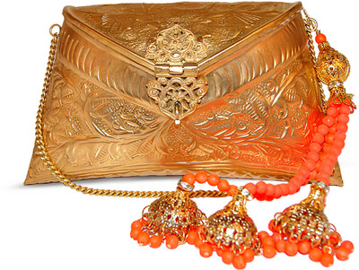 10% OFF on Ruhmet Embossed Gold with Neon Orange Beaded Tassel Women Casual, Party, Wedding Gold Metal Clutch