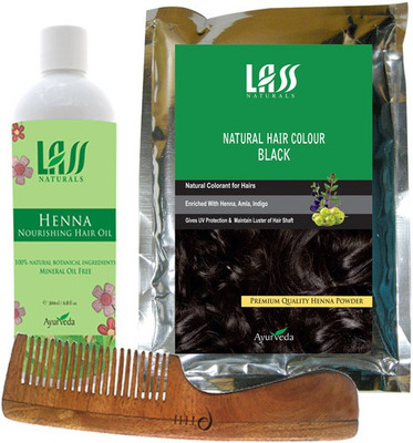 Lass Naturals Henna Hair Oil With Natural Black Hair Colour+Neem Wood Hair Comb LC-2 (Set Of 3)