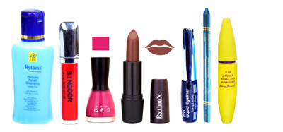 Rythmx Chaclaty Brown Lipstick Voilet Purple Nail Polish Remover Skinny Liquid EyeLiner Sindoor Pro Non Transfer Turquoise Blue Kajal Bold Look Maskara Color Fever Kit 6866 (Set Of 7)