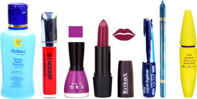 Rythmx Mauve Lipstick Purple Nail Polish Remover Skinny Liquid EyeLiner Sindoor Pro Non Transfer Turquoise Blue Kajal Bold Look Maskara Color Fever Kit 6858 (Set Of 7)