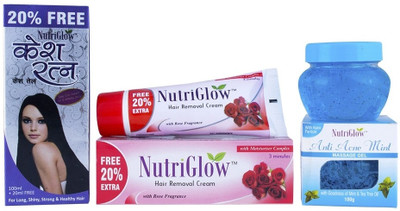 30% OFF on NutriGlow Head to Toe Care Kit Kesh Ratan Hair oil, Rose Hair Removal Cream and Anti Acne Mint Gel Set of 3 30% OFF on NutriGlow Head to Toe Care Kit Kesh Ratan Hair oil, Rose Hair Removal Cream and Anti Acne Mint Gel Set of 3
