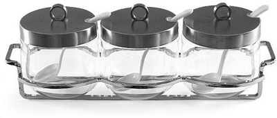MOM Italy 3 Piece Condiment Set Glass, Stainless Steel MOM Italy 3 Piece Condiment Set Glass, Stainless Steel