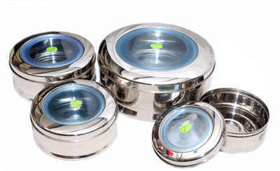 JVL - 2000 ml Stainless Steel Food Container Pack of 4, Silver, Blue JVL - 2000 ml Stainless Steel Food Container Pack of 4, Silver, Blue