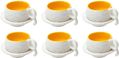 Elite Handicrafts Marble Finish Duotone Tea Cups & Saucers EHCC0166 (White, Yellow, Pack Of 12)