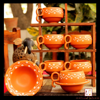 Unravel India Earthen Print Ceramic Cup Saucer(Set Of 6) (Brown)