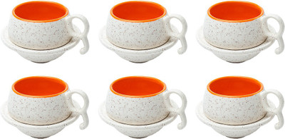 Elite Handicrafts Marble Finish Duotone Tea Cups & Saucers EHCC0167 (White, Orange, Pack Of 12)