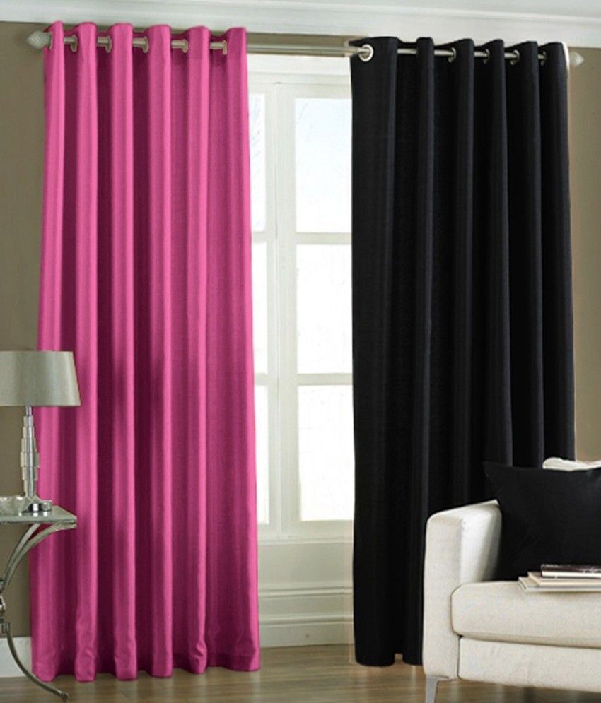 66% OFF on HomeZaara Polyester Pink, Black Solid Eyelet Curtain