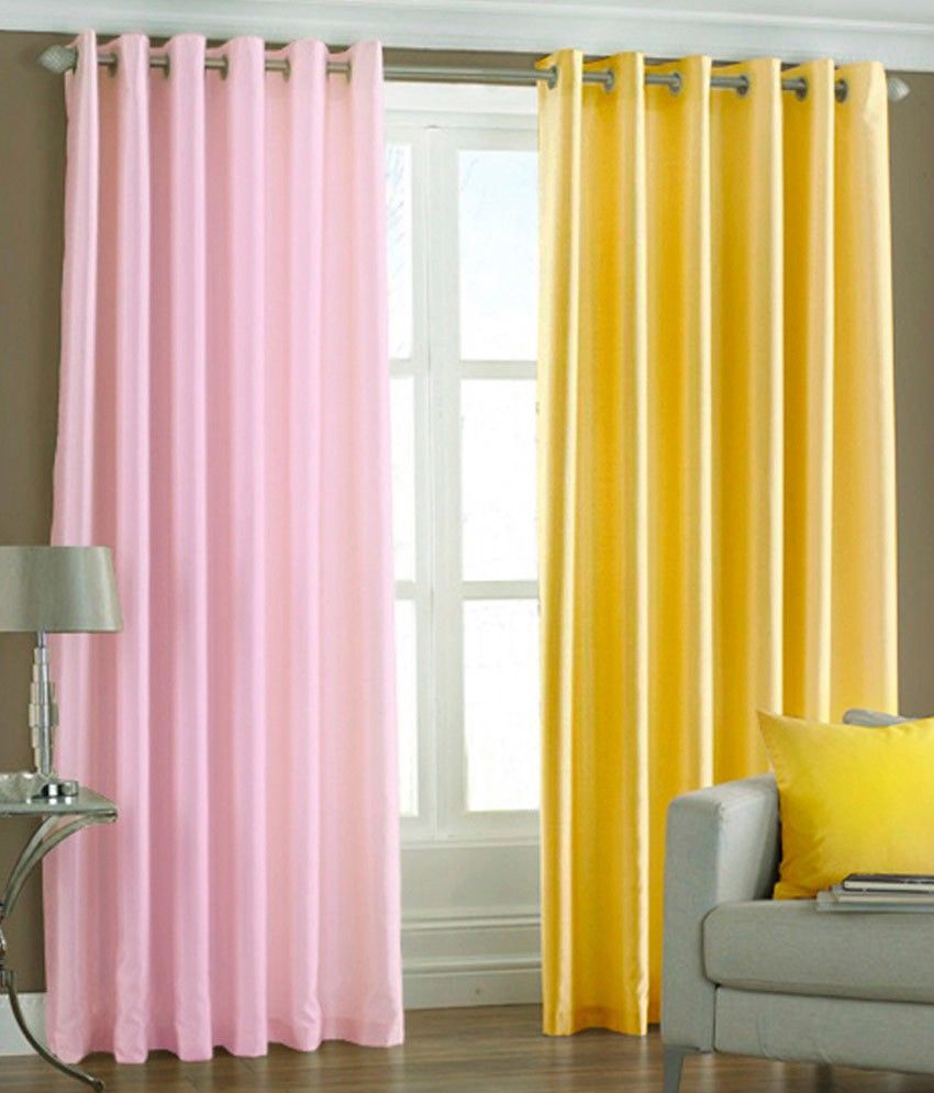 66% OFF on HomeZaara Polyester Pink, Yellow Solid Eyelet Curtain
