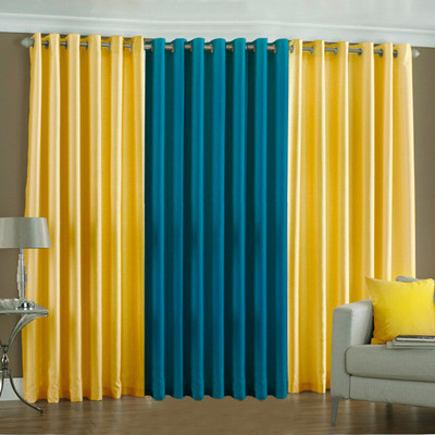 33% OFF on Pindia Polyester Yellow, Light Blue Batik Eyelet Curtain