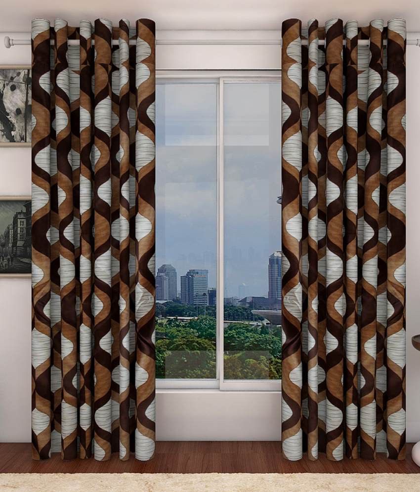 45% OFF on White Wave Polyester Brown Printed Eyelet Curtain