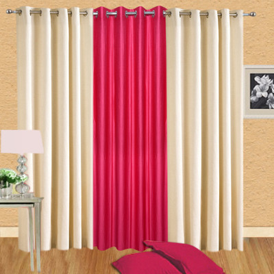 47% OFF on Handloomdaddy Polyester Beige, Pink Striped Eyelet Curtain