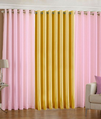 59% OFF on HomeZaara Polyester Pink, Yellow Solid Eyelet Curtain