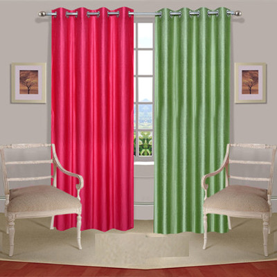 44% OFF on Handloomdaddy Polyester Pink, Green Solid Eyelet Curtain