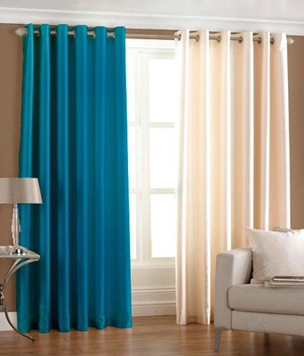 40% OFF on HomeZaara Polyester Light Blue, Beige Solid Eyelet Curtain