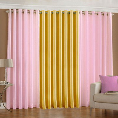 33% OFF on Pindia Polyester Baby Pink, Yellow Floral Eyelet Curtain