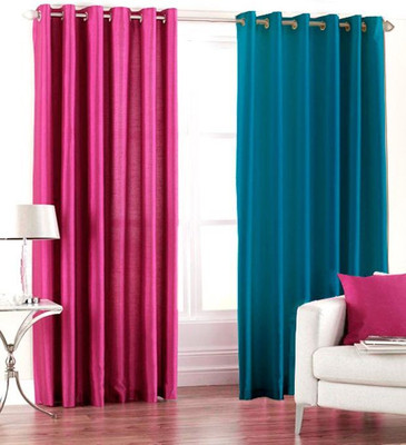 66% OFF on HomeZaara Polyester Pink, Blue Solid Eyelet Curtain