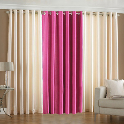 33% OFF on Pindia Polyester Cream, Pink Printed Eyelet Curtain