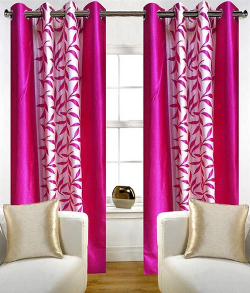 77% OFF on White Wave Polyester Printed Pink Printed Eyelet Curtain